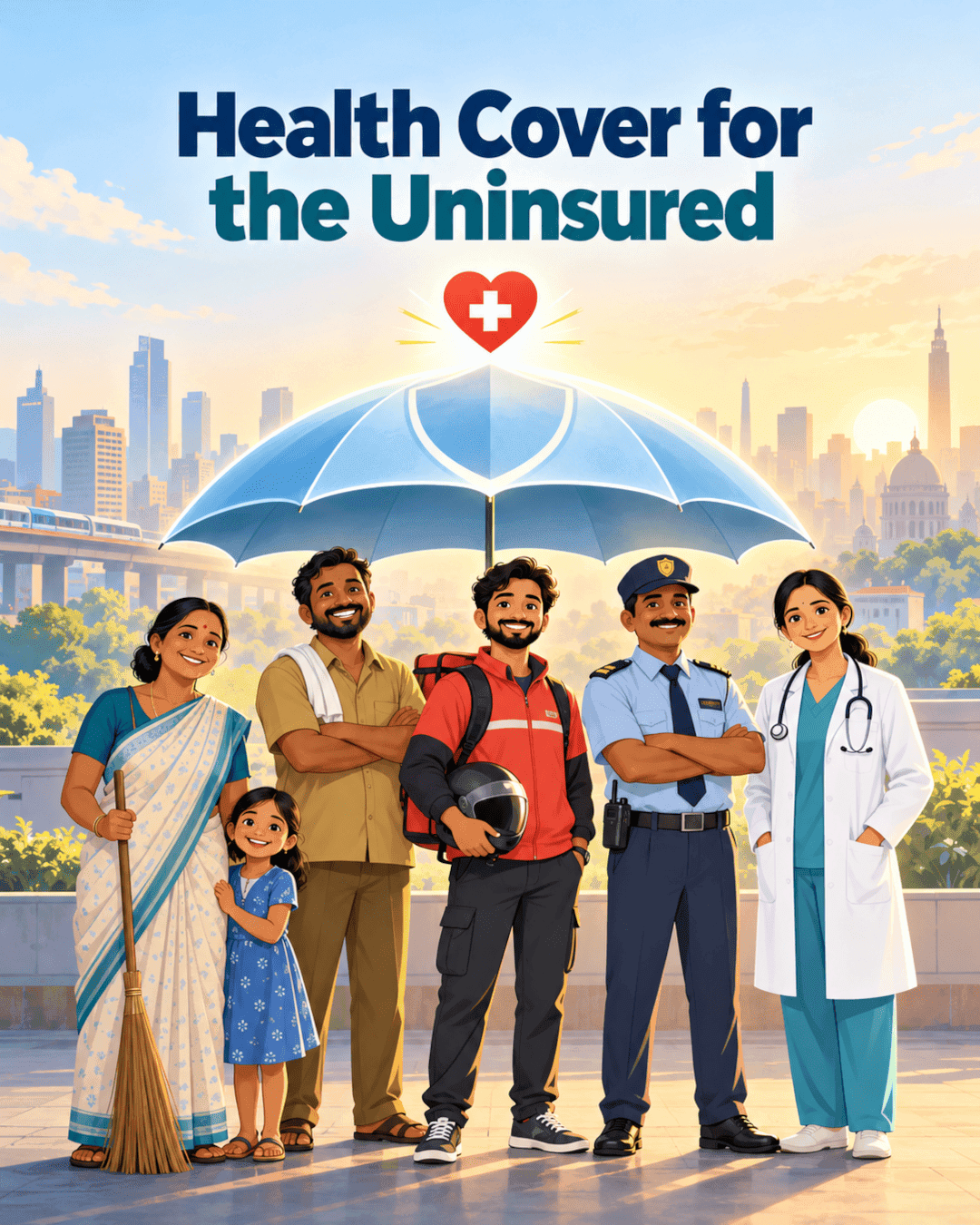 People from different everyday professions standing together under a health insurance umbrella